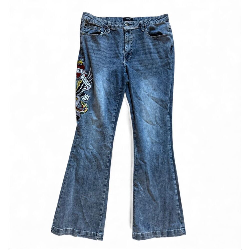 Womens Ed Hardy Denim Brave Heart True Eagle Embroidered Wide Leg Jeans - Sz 32
